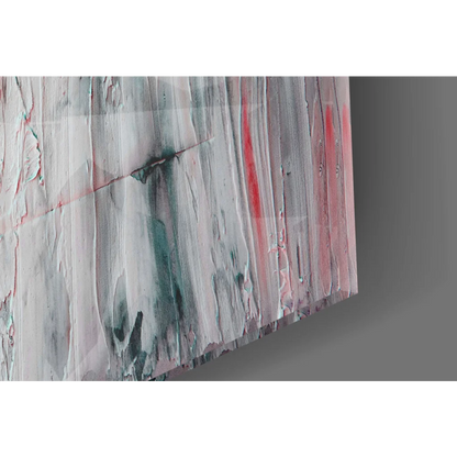 Textured abstract canvas wall art in teal, pink, and gray with vertical brushstrokes