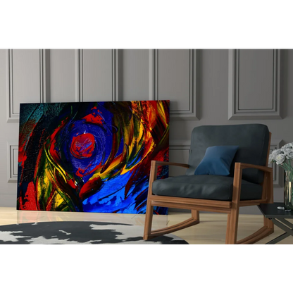 Vibrant swirling red, blue, yellow glass wall art canvas explosion
