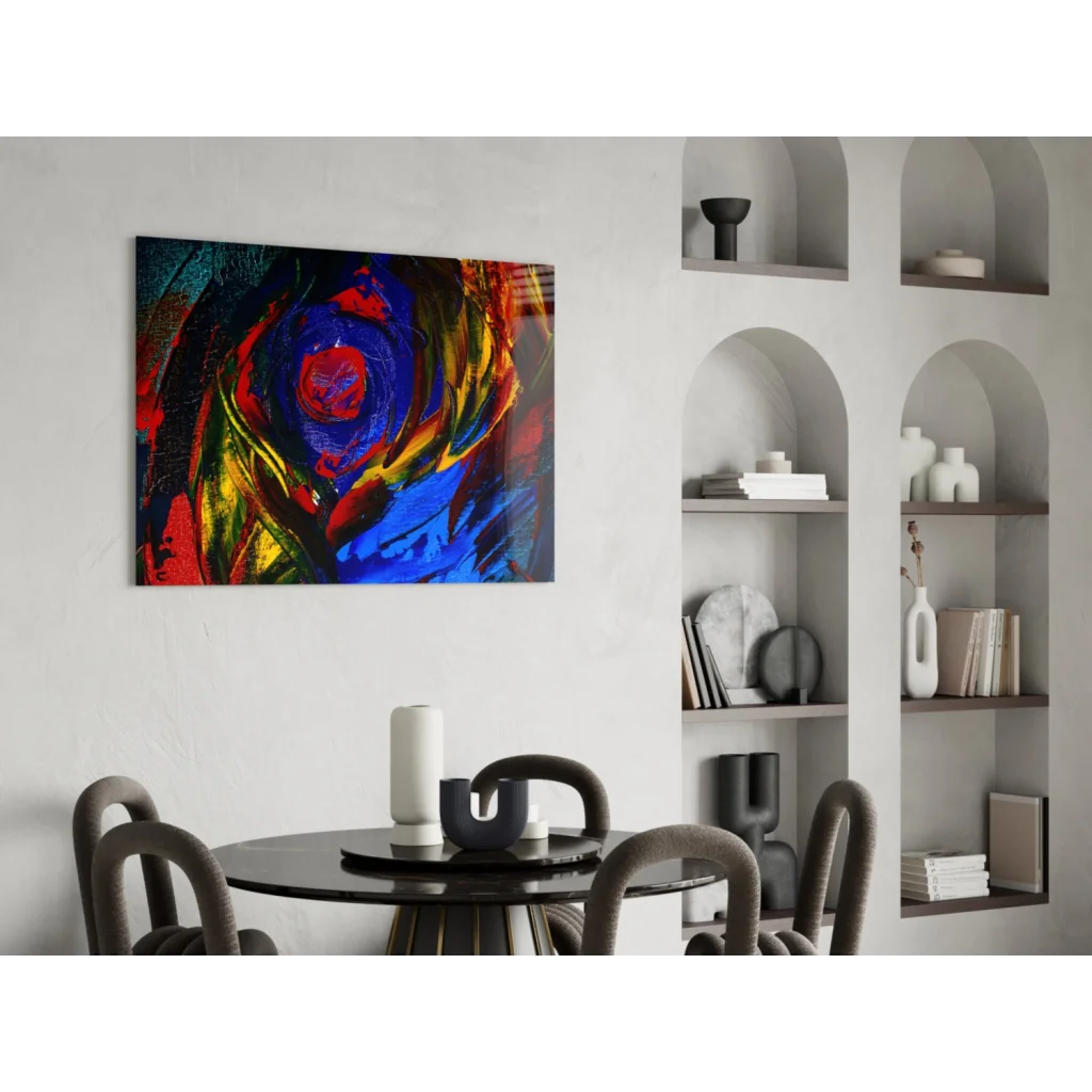 Vibrant swirling red, blue, yellow glass wall art energy explosion
