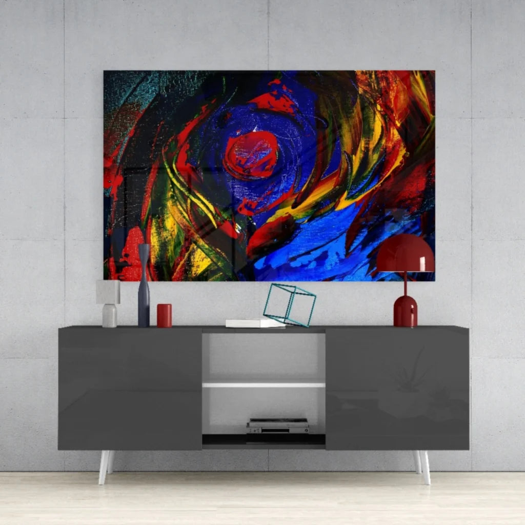 Vibrant swirling red blue yellow glass wall art canvas energy explosion