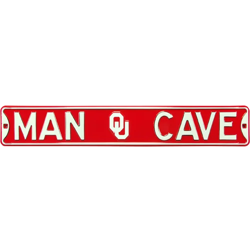 Oklahoma Sooners man cave authentic street sign with red rectangle and silver border
