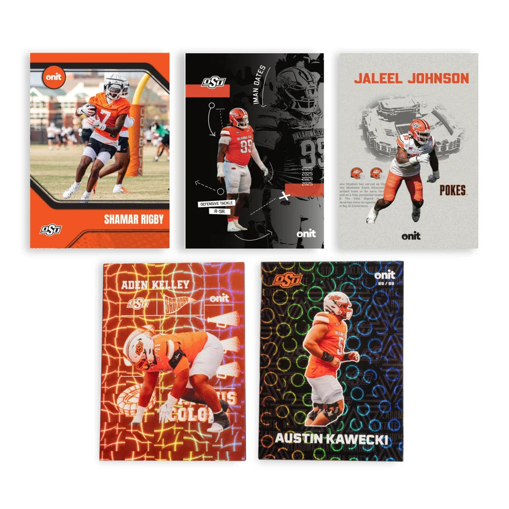 Oklahoma State trading cards single pack in orange black display case
