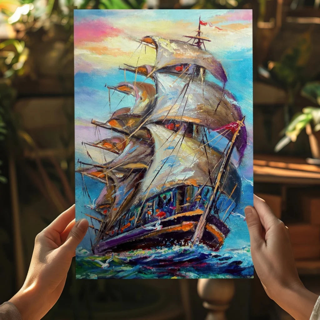 Vibrant impressionistic tall ship painting on insigne aluminum print