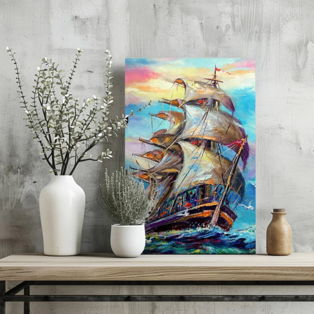 Vibrant oil painting of sailing ship on insigne aluminum prints