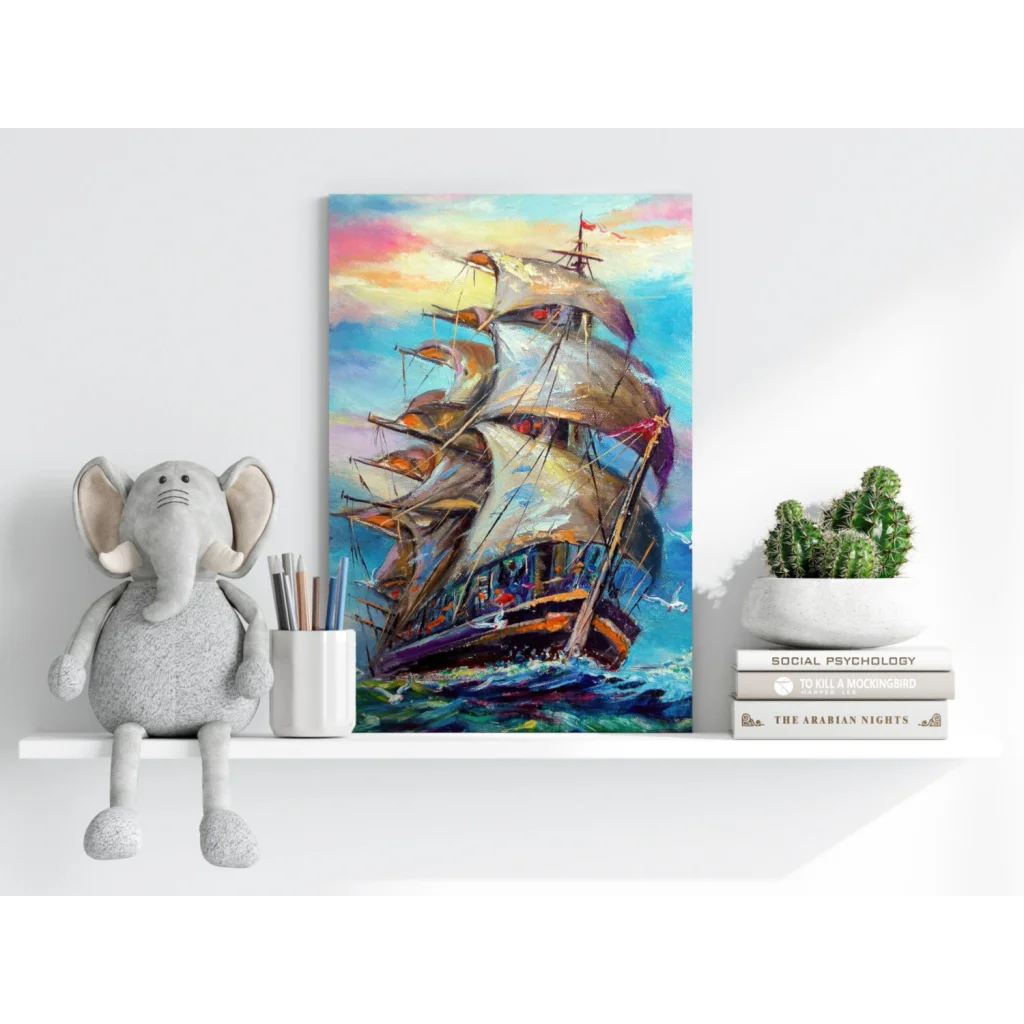 Vibrant sailing ship on insigne aluminum prints with colorful sails and waves