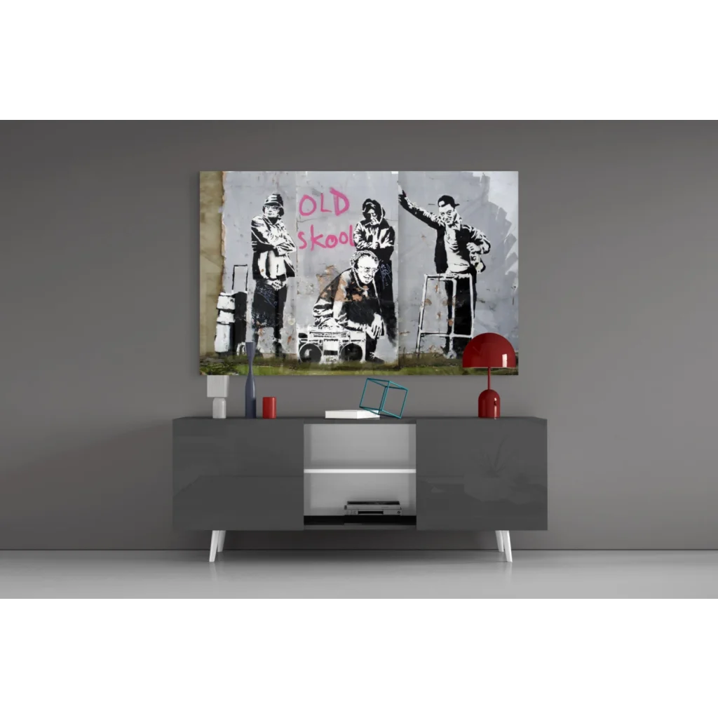 Banksy-style old skool street art canvas wall art print with boombox figures