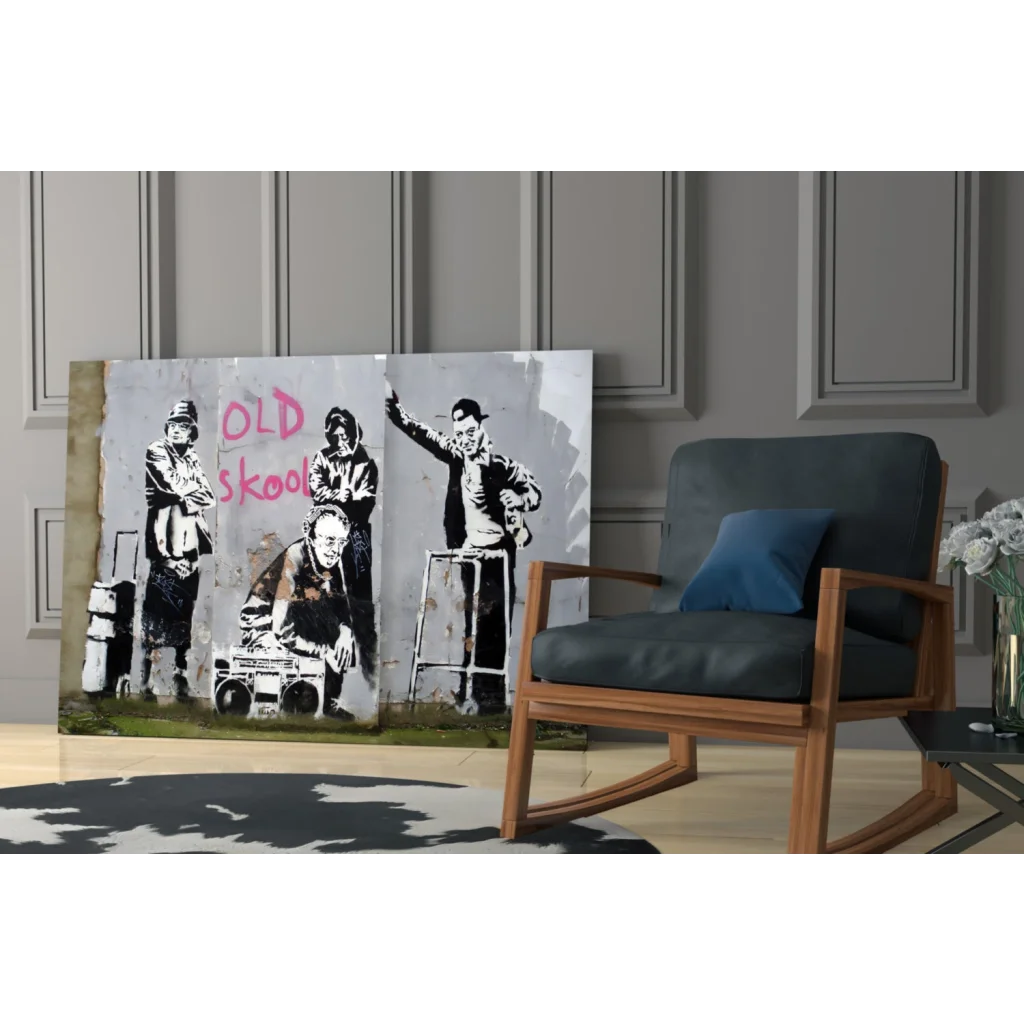 Banksy-style old skool street art canvas wall art print with pink graffiti