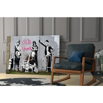 Banksy-style old skool street art canvas wall art print with pink graffiti