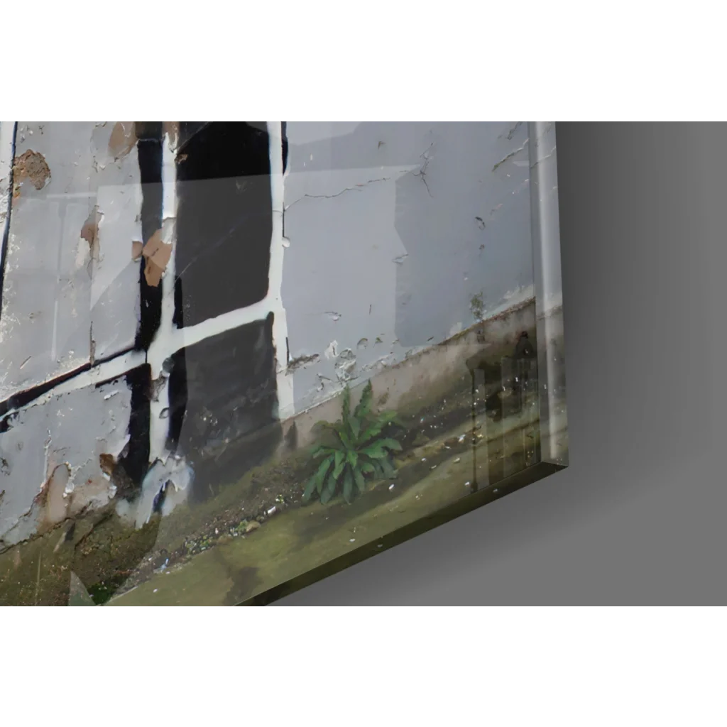 Weathered gray black Old Skool Street Art wall art with green plant