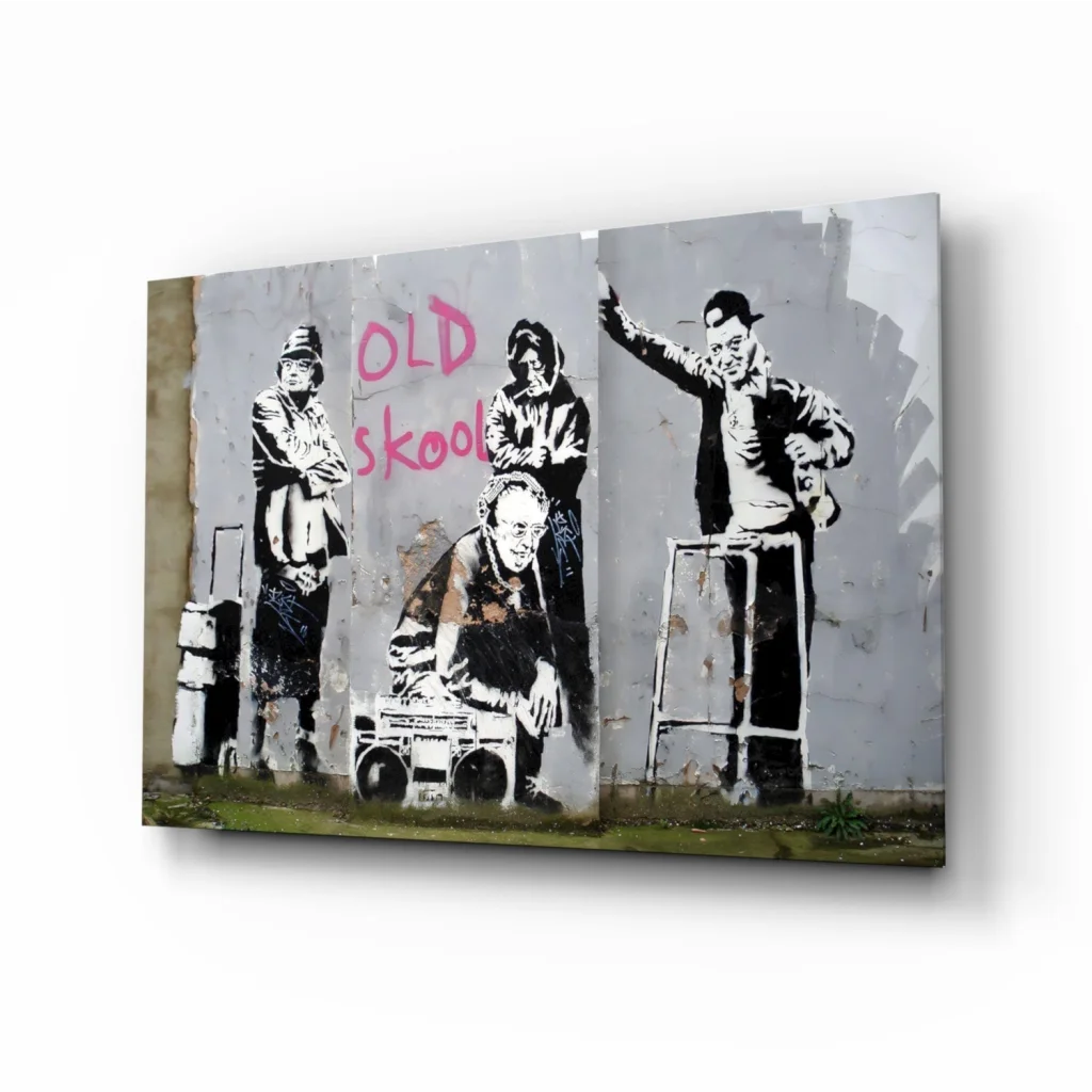 Old Skool street art canvas wall art print in gray with pink text