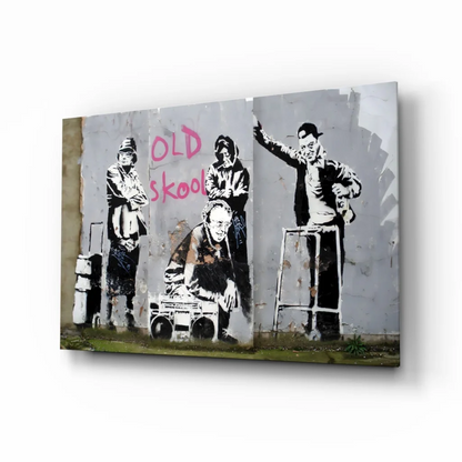 Old Skool street art canvas wall art print in gray with pink text