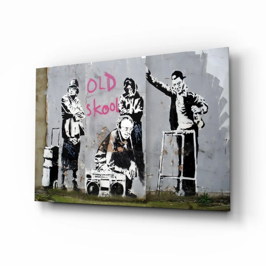 Old Skool street art canvas wall art print in gray with pink text