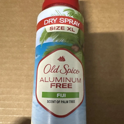 Old Spice Fiji size XL dry spray aluminum free deodorant can with red cap and palm tree design