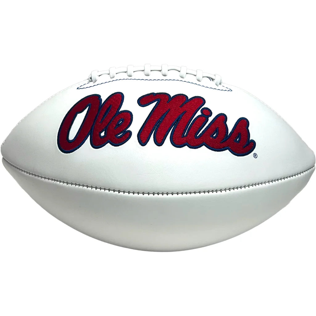 White Ole Miss Rebels leather football with red logo and stitching