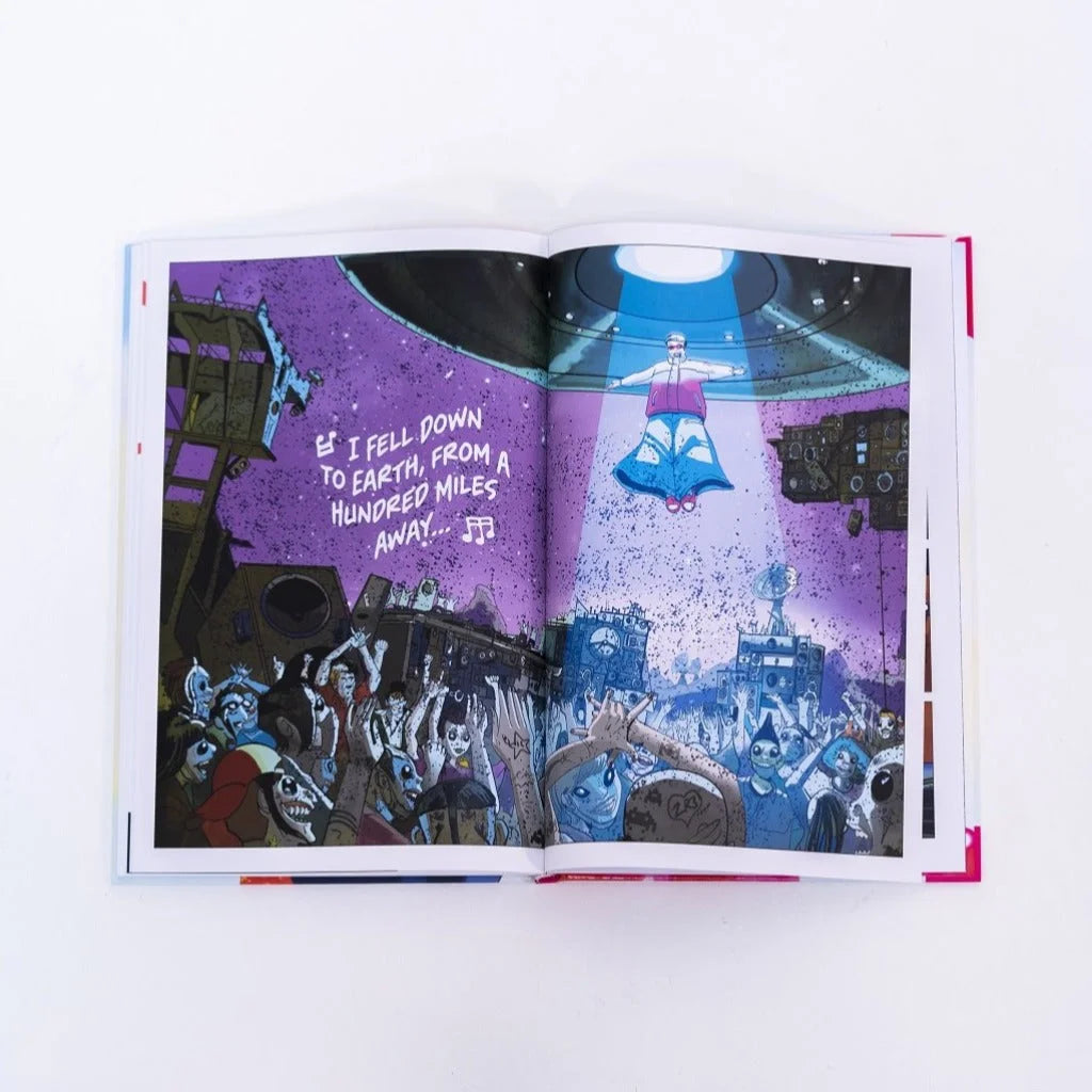 Open Oliver Tree Alien Boys Graphic Novel with vibrant illustrations on Orpheus Collar