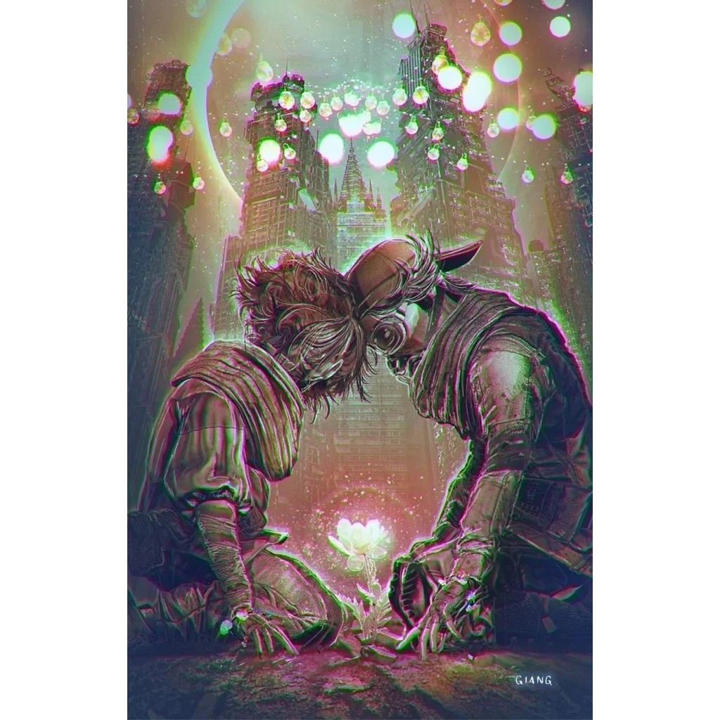 Stylized figures face each other over glowing plant in Jason Aaron graded blue label comic by Alexandre Tefenkgi