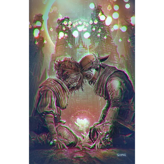 Stylized figures face each other over glowing plant in Jason Aaron graded blue label comic by Alexandre Tefenkgi