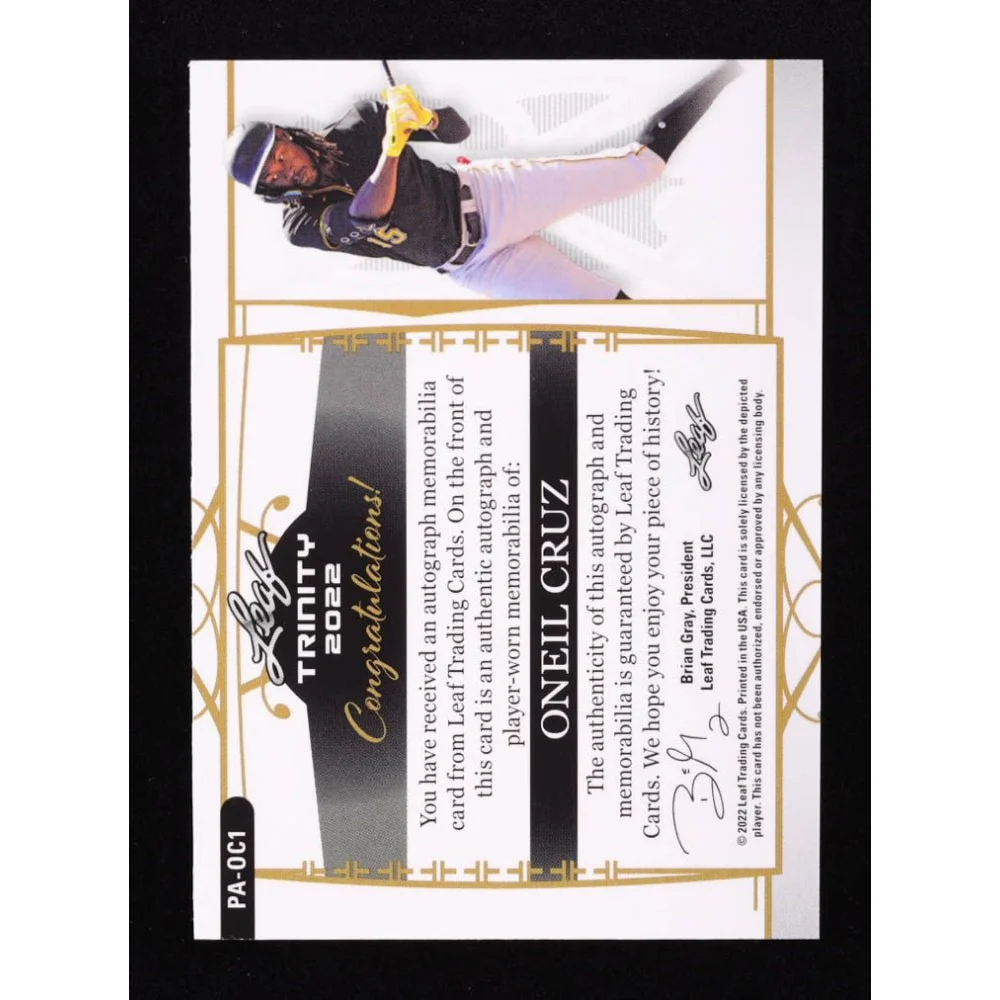 Oneil Cruz Leaf Trinity Patch Autographs Silver Card 35/99 with autograph and memorabilia