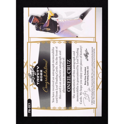 Oneil Cruz Leaf Trinity Patch Autographs Silver Card 35/99 with autograph and memorabilia
