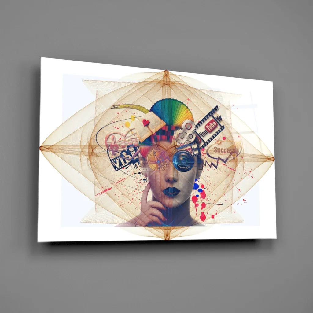 Colorful abstract face canvas wall art with gears and YouTube collage
