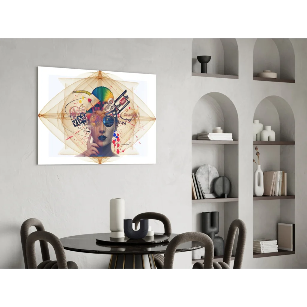 Vibrant colorful abstract face wall art canvas with rainbow hair and film reels