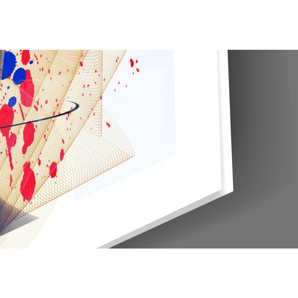 Colorful abstract face wall art with red blue splatters on beige mesh, framed