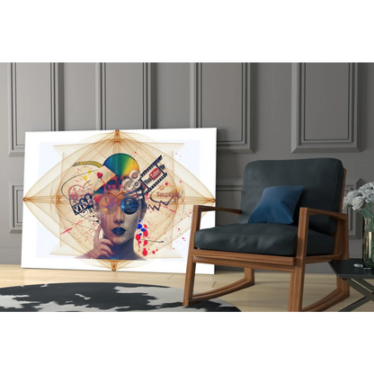 Vibrant abstract face wall art canvas with rainbow motifs and film reel design