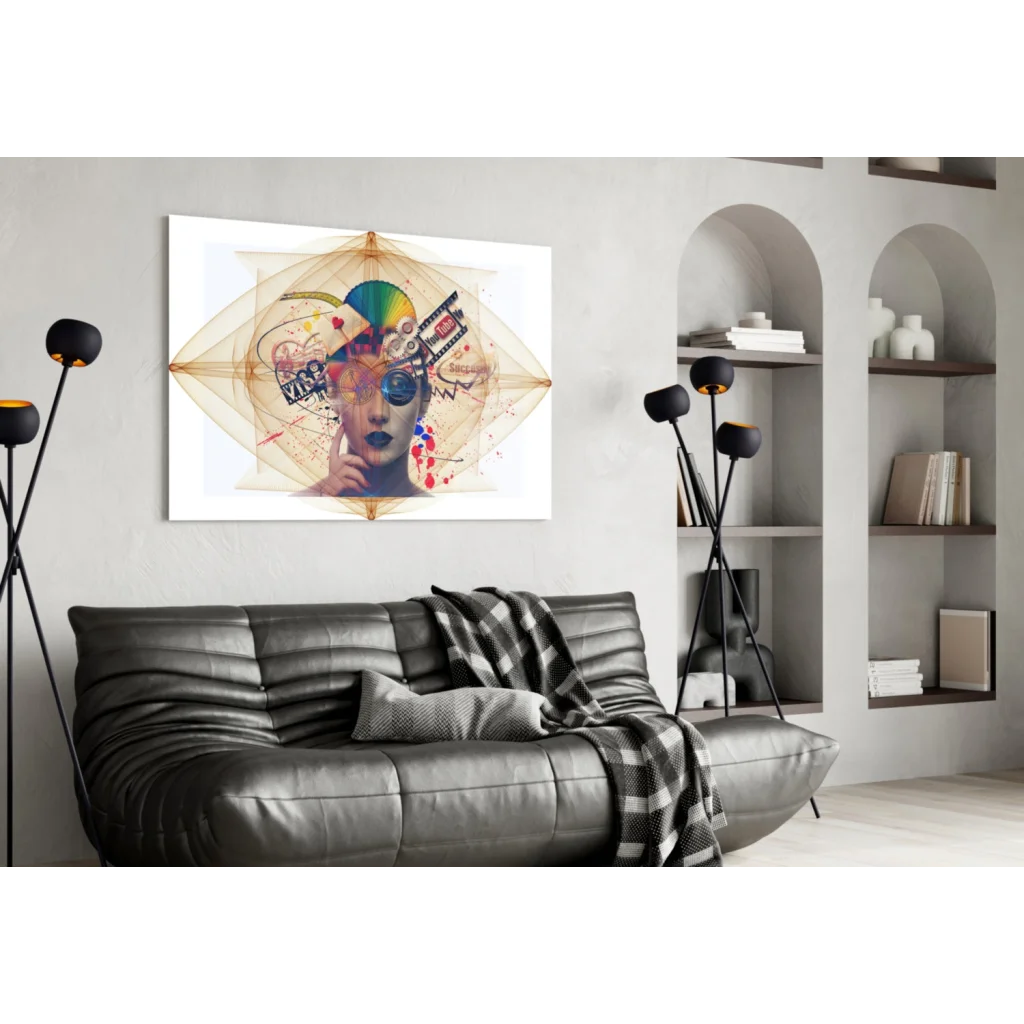 Vibrant rainbow abstract face wall art canvas with graffiti collage design
