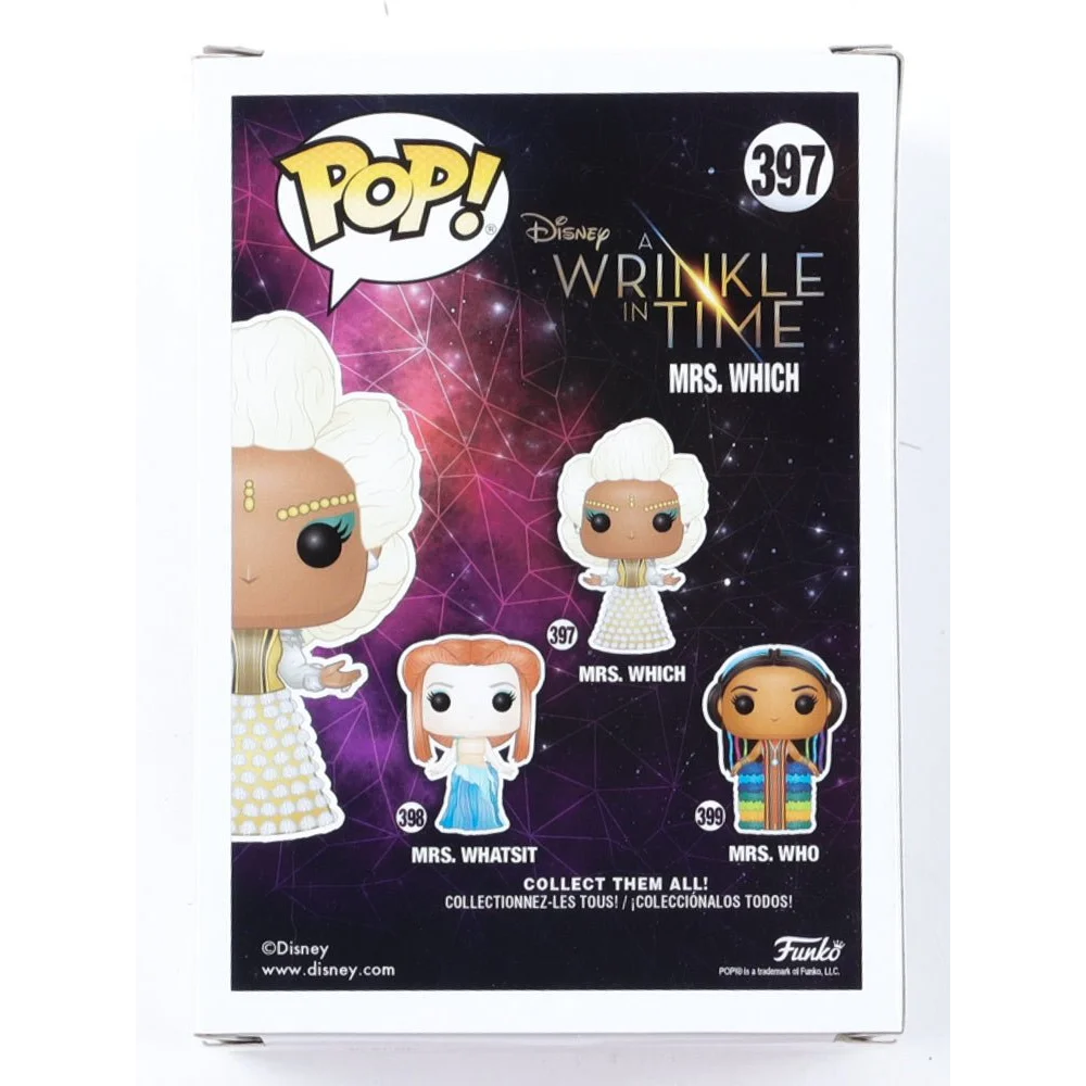 Back of Funko Pop box for Wrinkle In Time vinyl figure featuring Mrs. Which, signed by Oprah Winfrey