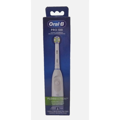Oral-B Pro 100 Floss Action white toothbrush with green brush head in packaging