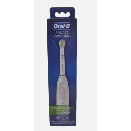 Oral-B Pro 100 Floss Action white toothbrush with green brush head in packaging