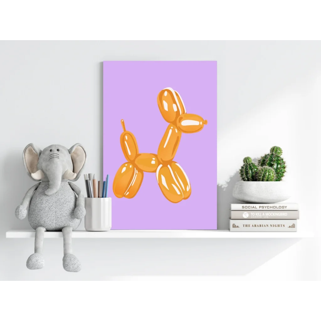 Vibrant orange balloon dog illustration on lavender canvas aluminum print