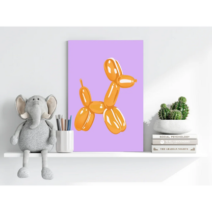 Vibrant orange balloon dog illustration on lavender canvas aluminum print