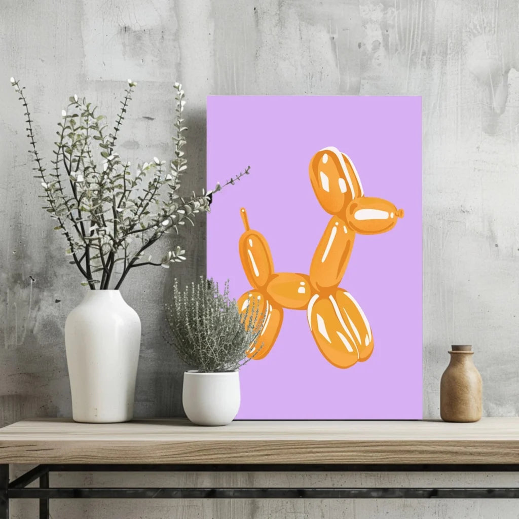 Vibrant orange balloon dog illustration on lavender canvas aluminum print