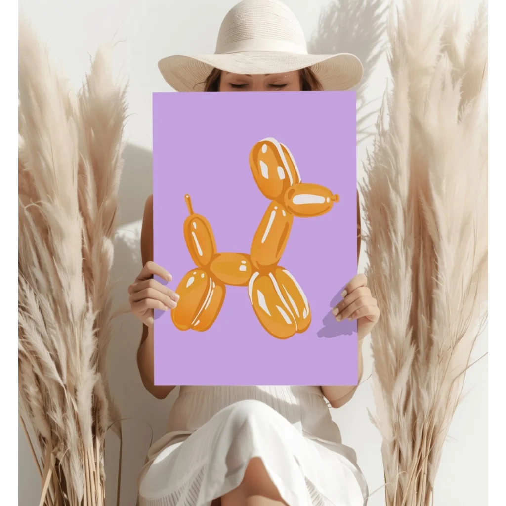 Vibrant orange balloon dog illustration on lavender aluminum print