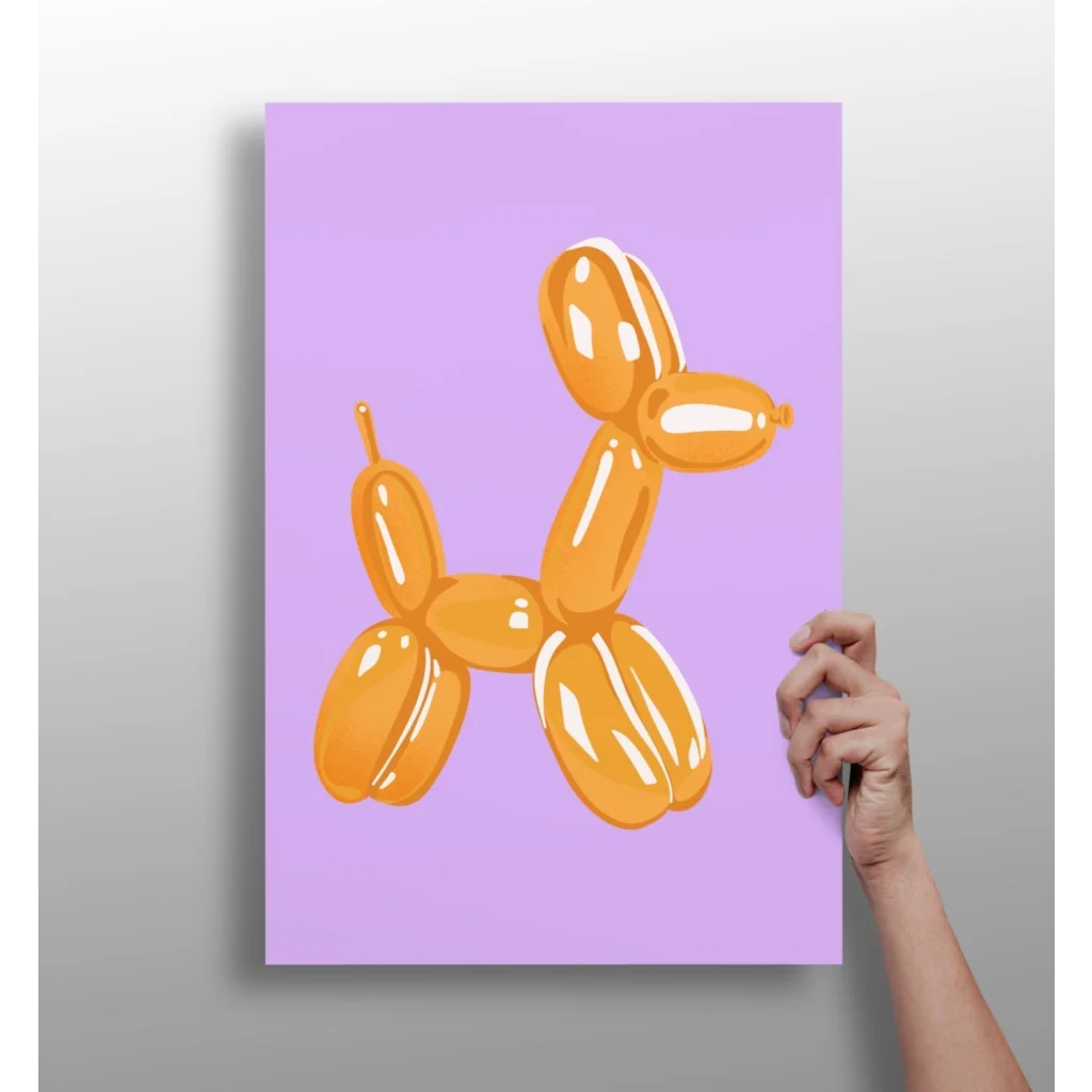 Vibrant orange balloon dog on soft lavender aluminum print