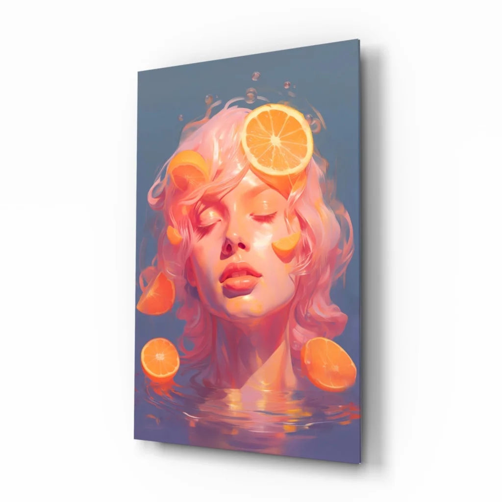 Vibrant pink hair woman wall art canvas with floating orange slices