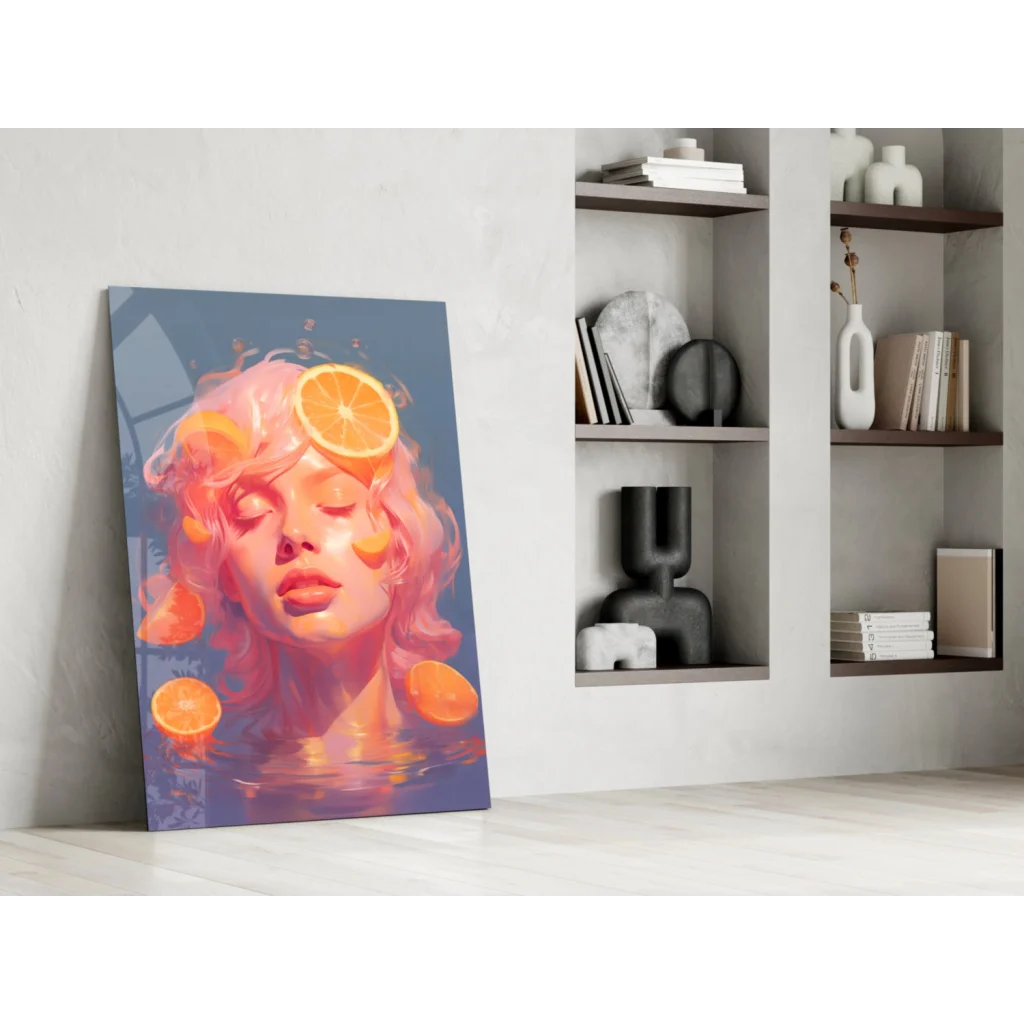 Serene pink hair woman with floating orange slices on blue canvas wall art