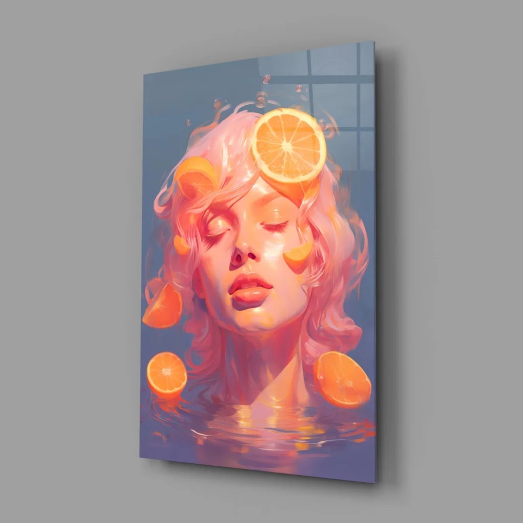 Vibrant pink hair woman wall art canvas with floating orange slices