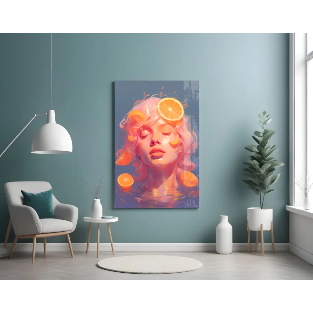 Vibrant citrus dream pink hair woman canvas wall art with orange slices