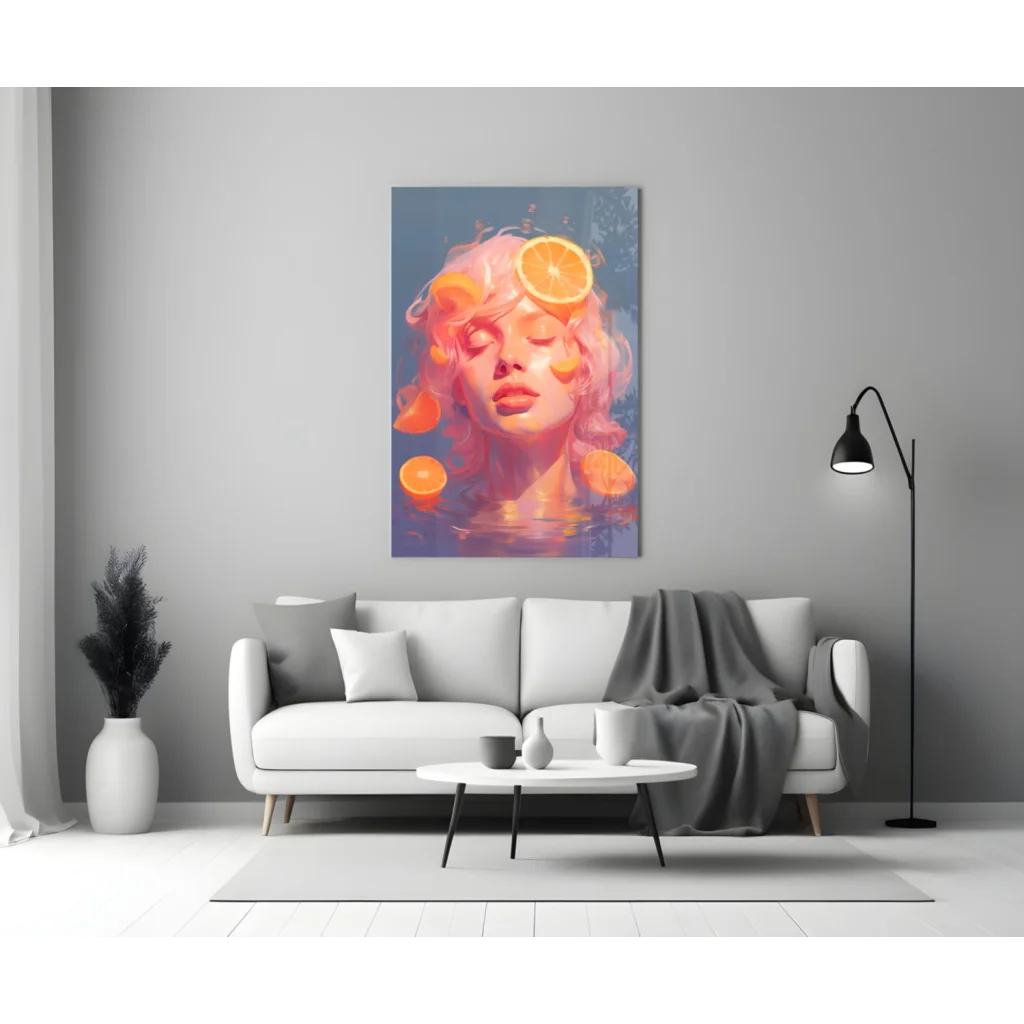 Vibrant citrus dream pink hair woman wall art with orange slices
