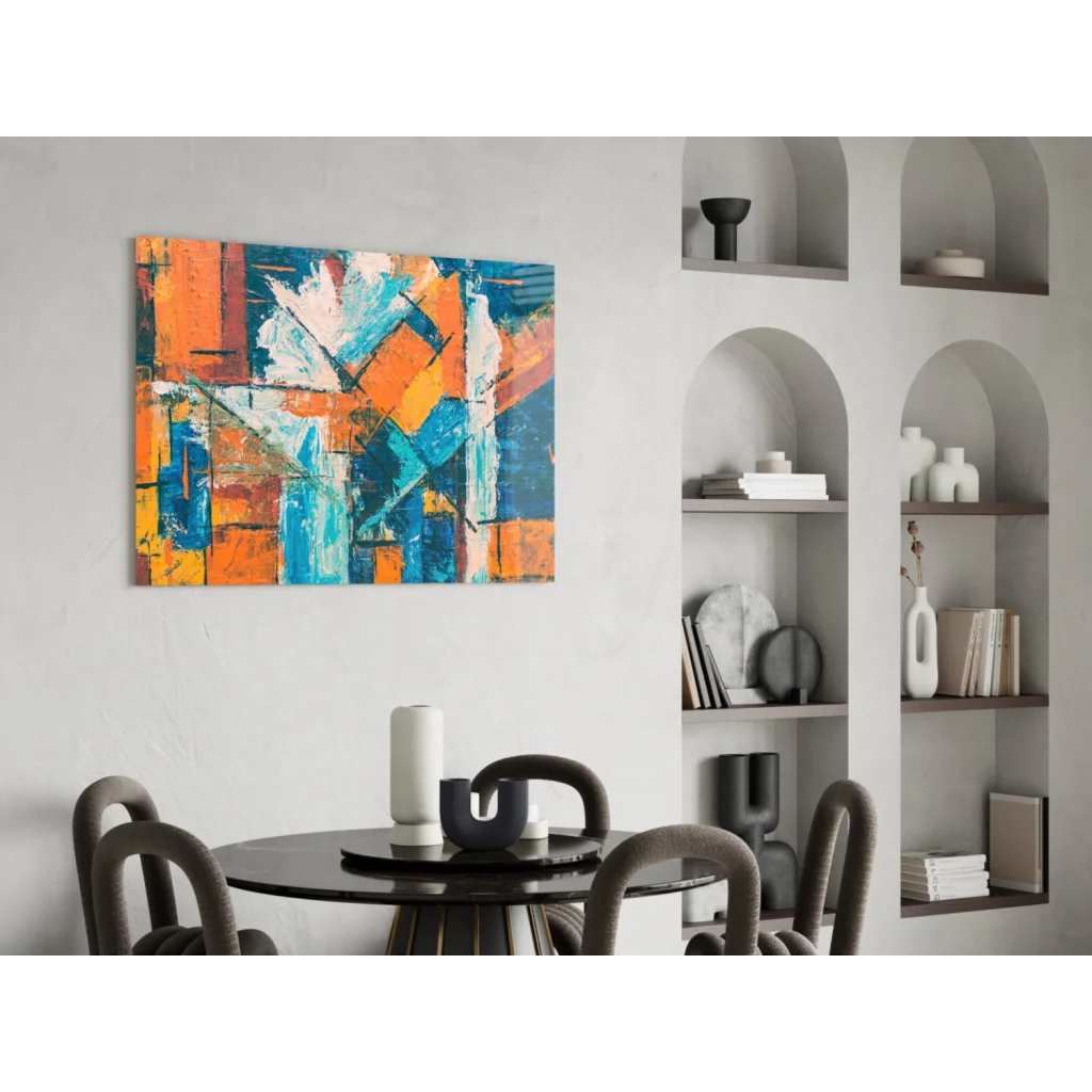 Bold orange and blue abstract canvas wall art with vibrant geometric shapes