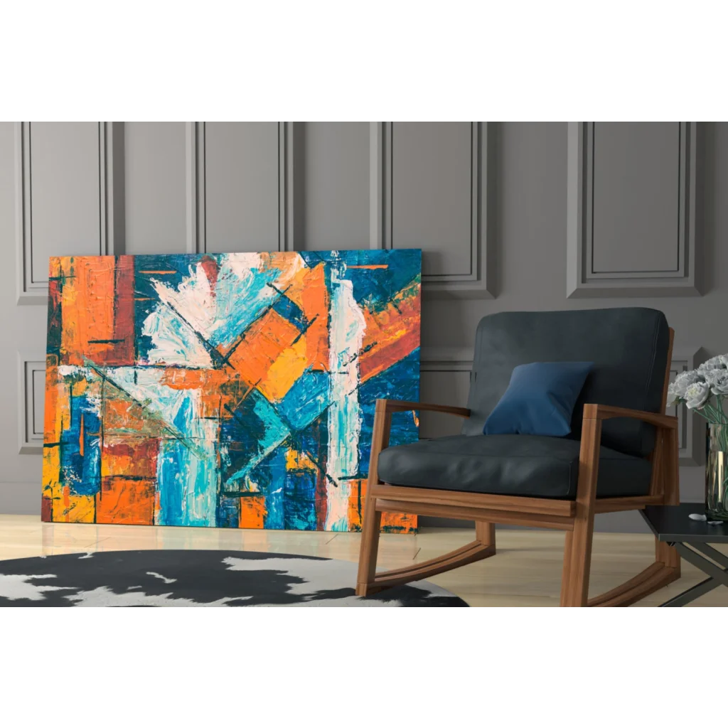 Vibrant bold orange and blue abstract canvas wall art with white brushstrokes