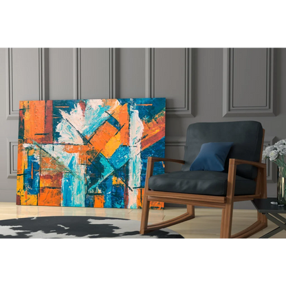 Vibrant bold orange and blue abstract canvas wall art with white brushstrokes