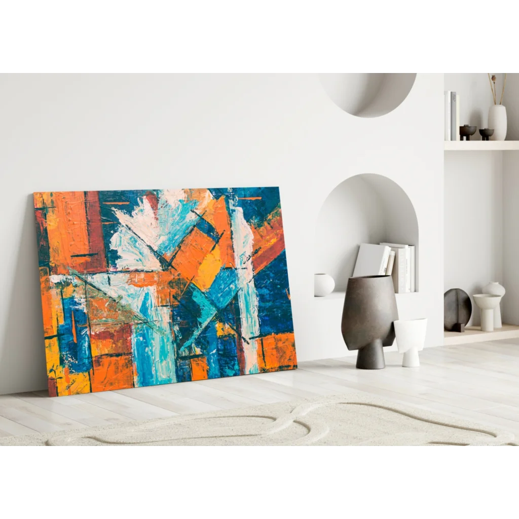 Vibrant bold orange and blue abstract canvas wall art painting