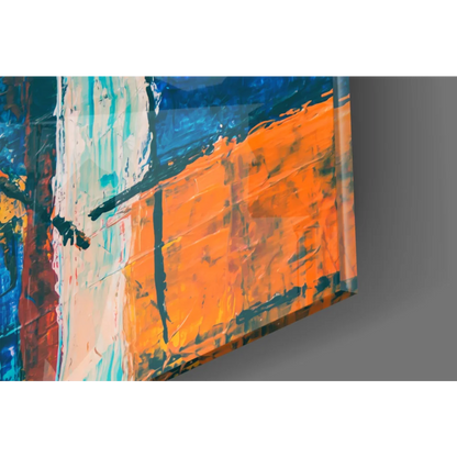 Bold orange and blue abstract canvas wall art with vibrant teal brushstrokes