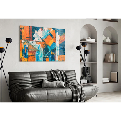 Bold orange and blue abstract wall art canvas above sleek sofa