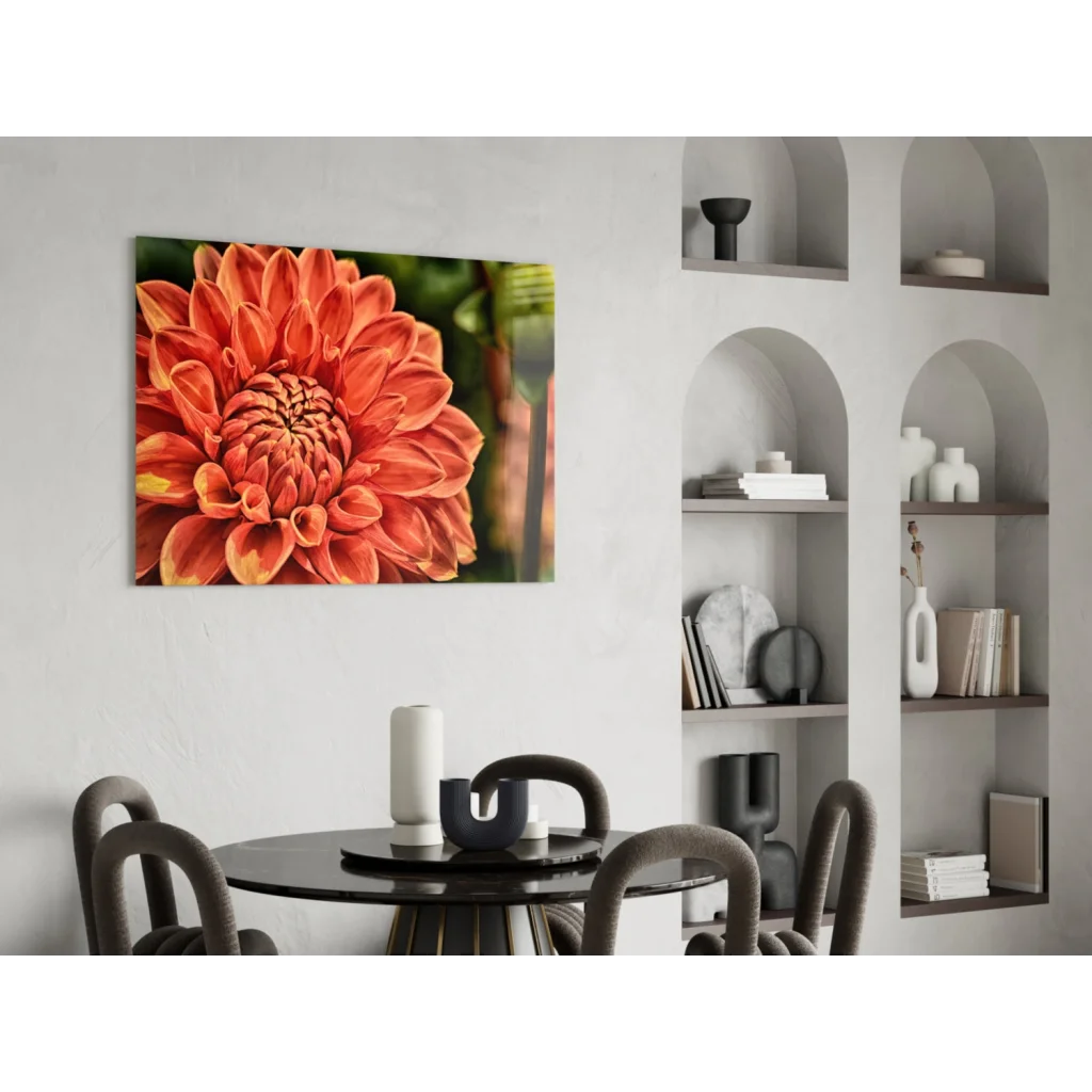Vibrant orange dahlia on glass wall art print for stunning space decor