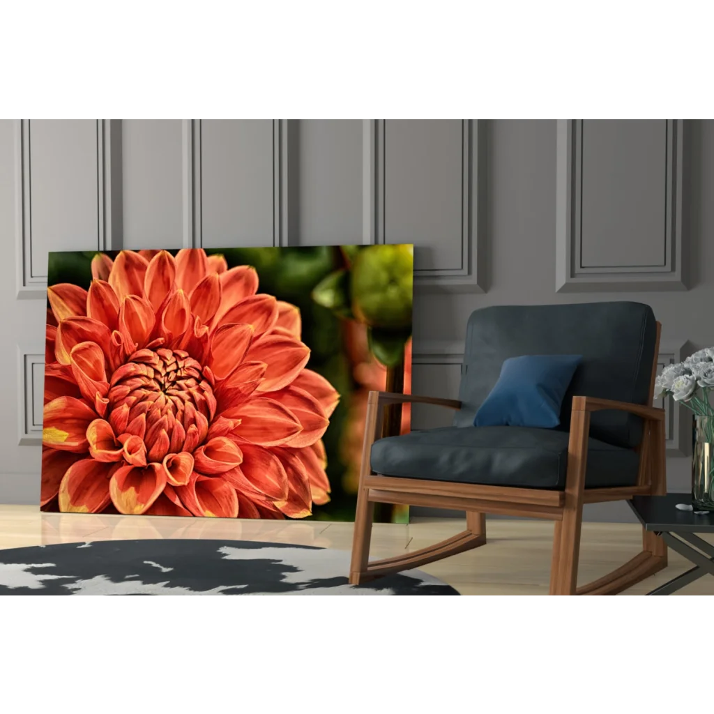 Vibrant orange dahlia glass wall art print with detailed petals