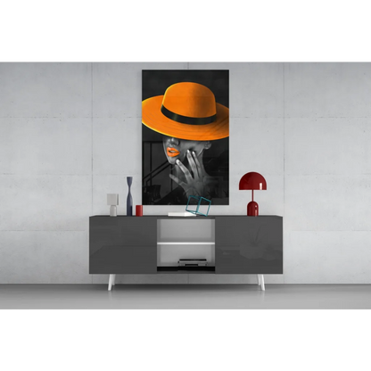 Vibrant orange fedora in pop art glass wall decor